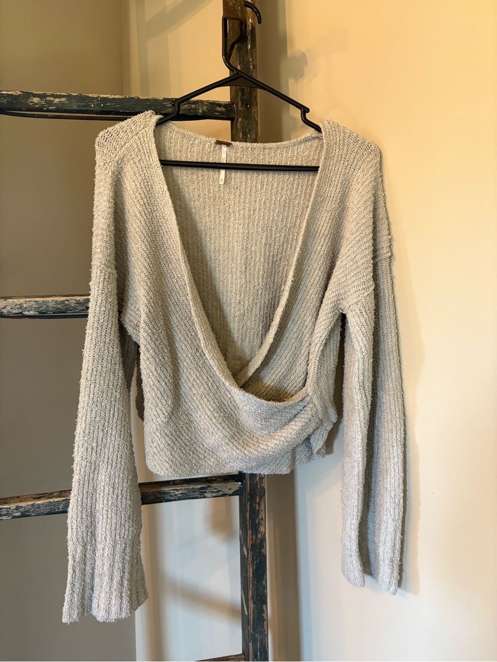 Free People Light Gray Draped Deep V-Neck Knit Sweater